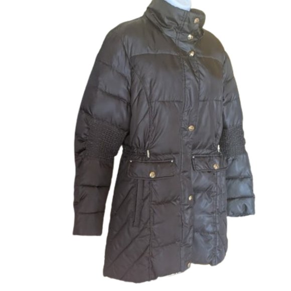 Long Hooded Dark Green Puffer Coat with Cinched Waist Size Large - Picture 3 of 11